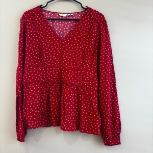 Boden Elsie Red Tan Polka Dot V Neck Long Sleeve Blouse. Size 12. Flowy